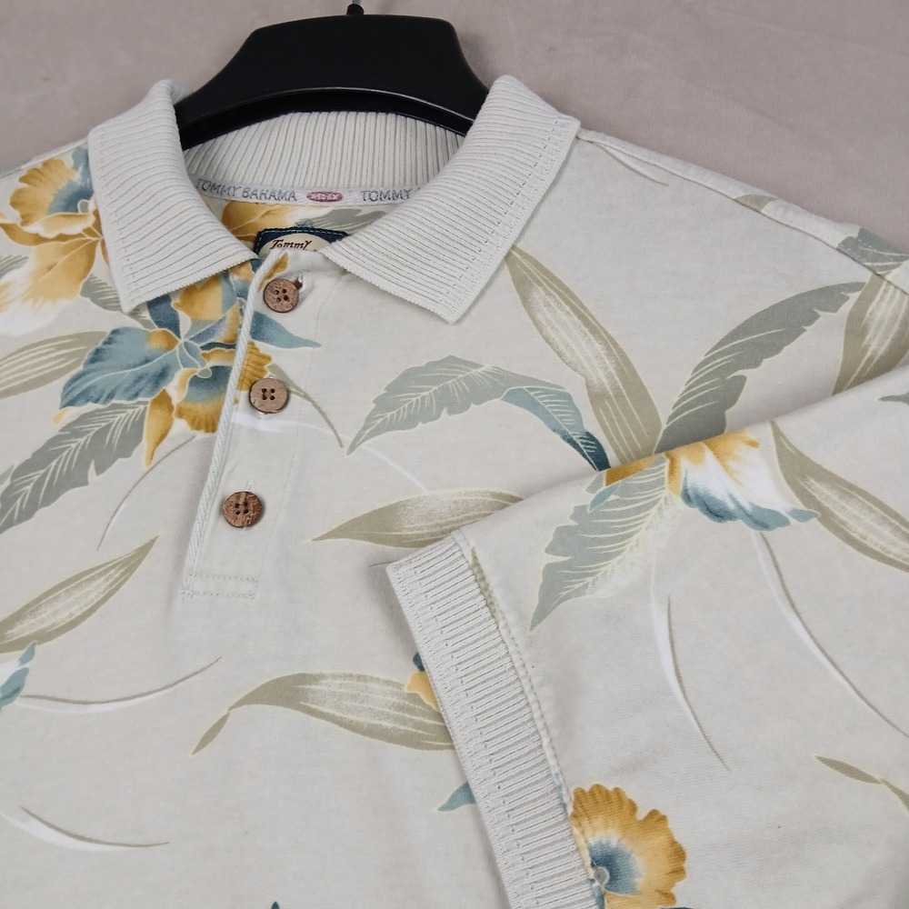 Vintage Tommy Bahama Medium Mens Polo Shirt FLAWS 22x30 Tall Floral Ribbed Trim